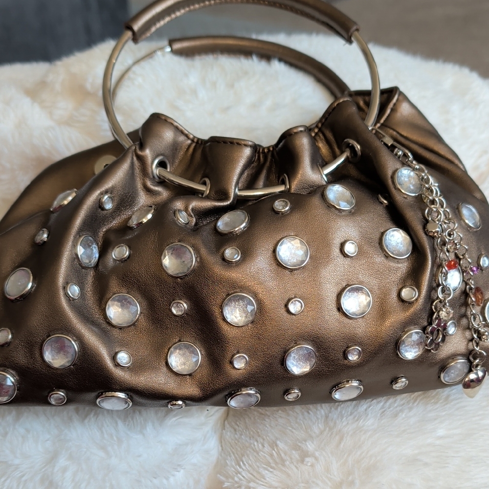 Bronze Gem-Embellished Ring Handle Clutch